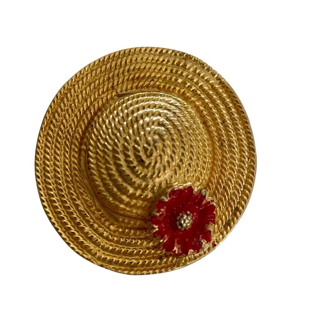 Vintage BroochGold-Tone Hat, Pink Flower Accent, Intricate Design, Hea…